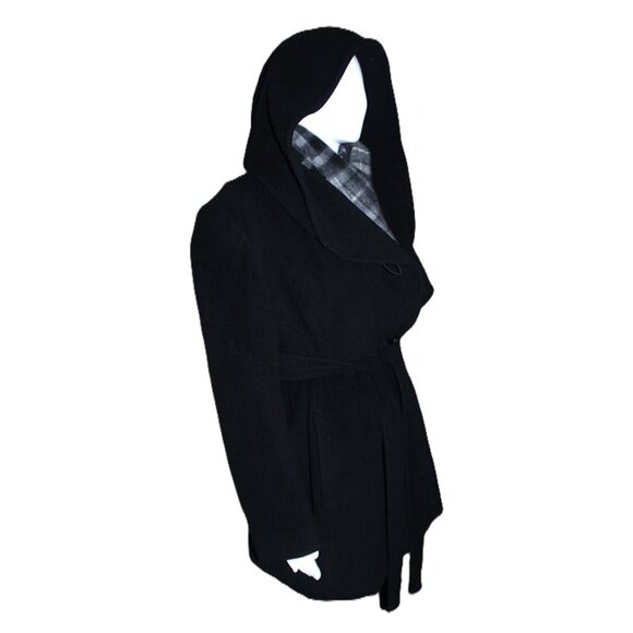 ELLEN TRACY Wool/Angora Belted & Hooded Midi Wrap Coat in Black (Large) - Picture 8 of 13